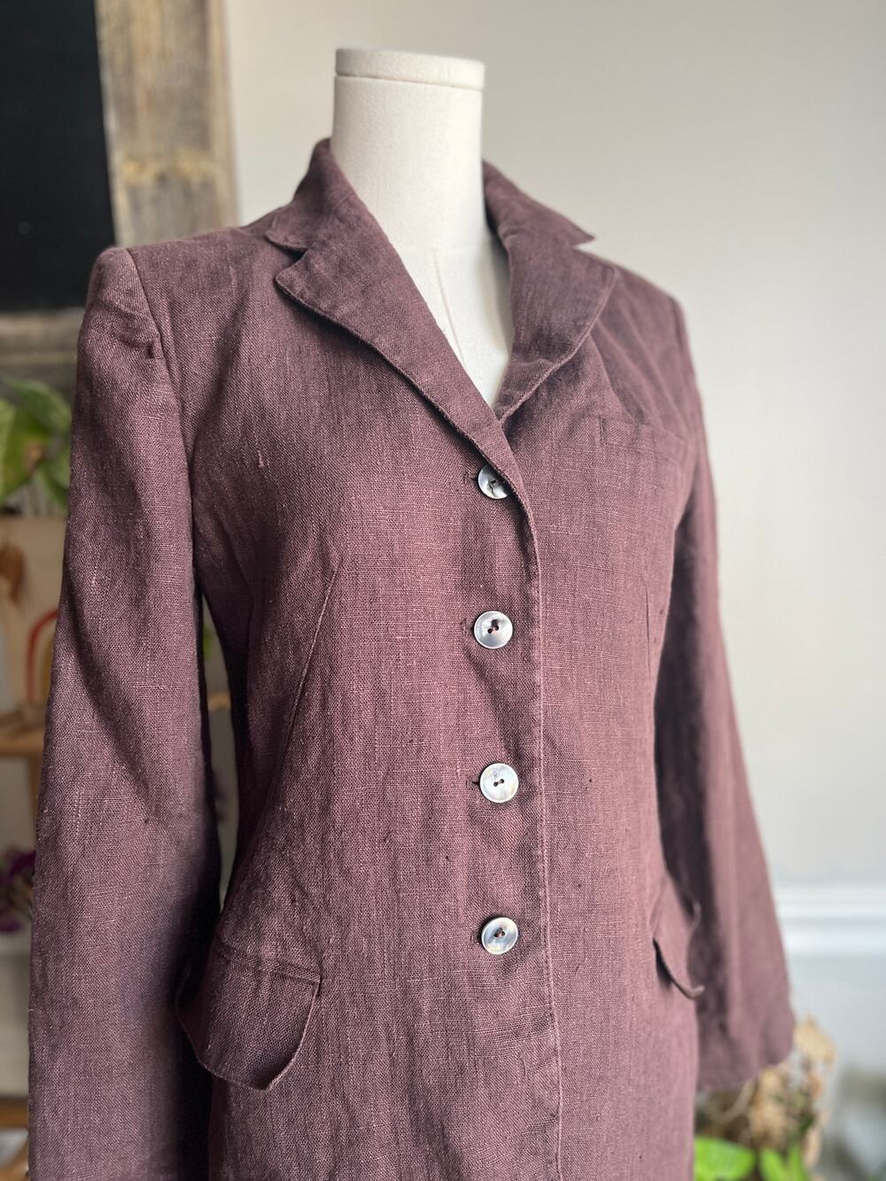 Vintage 90s Brown Linen Blazer Jacket Size Small